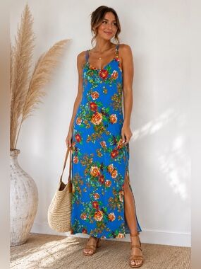 MSK Blue Floral Maxi Dress Small Boho Tropical Slit Summer Dress